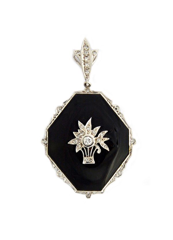 A diamond and black onyx pendant, the centre with a basket of flowers motif, mounted with circular cut diamonds, on an octagonal black onyx ground and