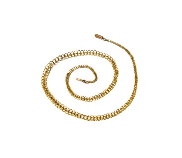 A gold neckchain, in a graduated multiple link design, on a cylindrical clasp, length 42cm, weight 7.8 gms.