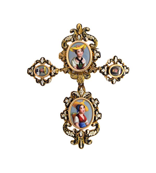 A gold and enamelled brooch, Swiss, mid-19th century, mounted with four differing oval enamelled portraits of girls within black and white enamelled s