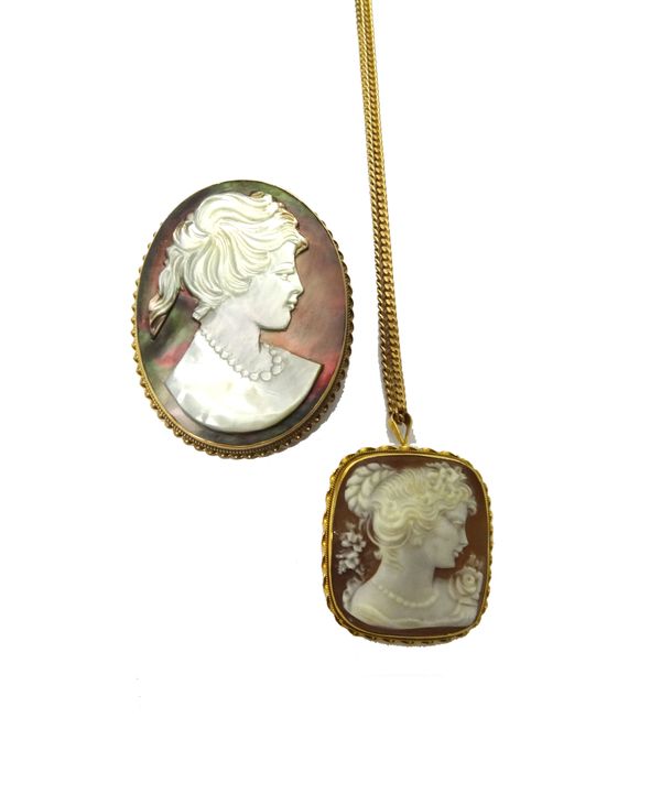 A 9ct gold mounted, curved rectangular shell cameo pendant brooch, carved as the portrait of lady with flowers, with a ribbon twist border, with a 9ct