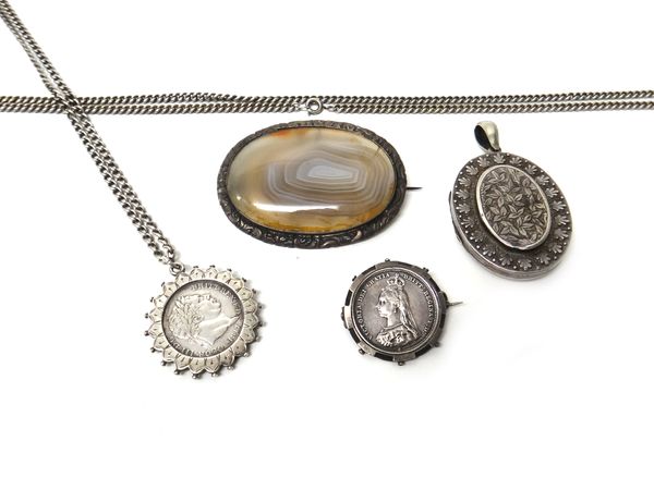 Mostly silver jewellery, comprising; a Victorian oval agate set brooch, a George III shilling, mounted as a pendant, with a curb link neckchain, anoth