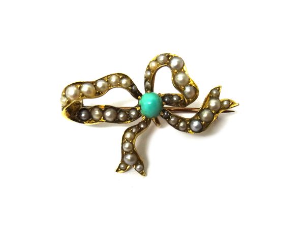 A gold, seed pearl and turquoise set brooch, designed as a bow, claw set with the oval turquoise at the centre and otherwise mounted with seed pearls,