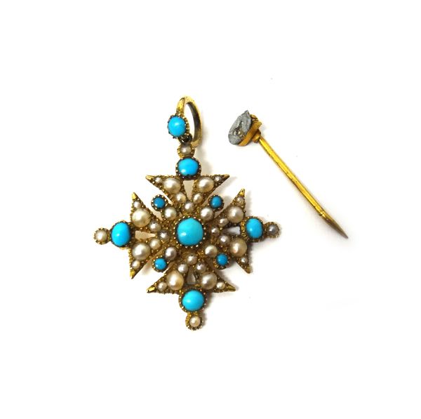 A gold, seed pearl and turquoise set pendant brooch in the form of a Maltese cross, (the pin detached but present), gross weight 4.2 gms.  MS2-3344