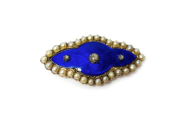 A gold, blue enamelled, rose diamond and seed pearl set shaped oval brooch, mounted with three rose cut diamonds, on a blue enamelled ground, within a