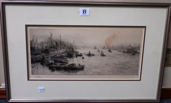 William Lionel Wyllie (1850-1931), Estuary scene with boats and other shipping, etching with drypoint, signed in pencil, 16cm x 38cm. A7