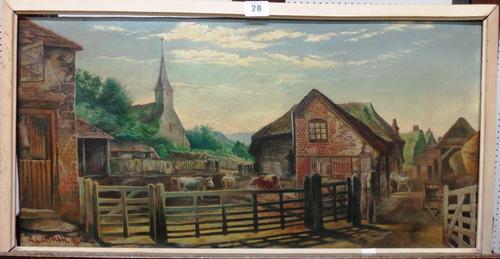 J. Cadnam (early 20th century), A farm, oil on canvas, signed and dated 1901, 30cm x 60cm. A7