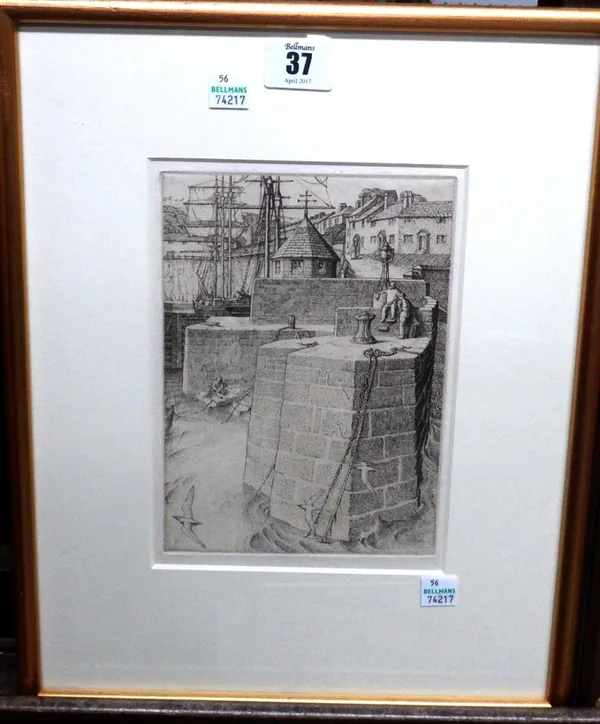 English School (20th century), The Harbour wall; Mother and child on a beach, two etchings, the larger 19cm x 14cm.(2) A9