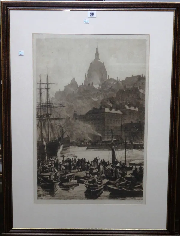 Axel Herman Haig (1835-1921), Stockholm, floating market, etching, signed in pencil, 64cm x 42cm. A9
