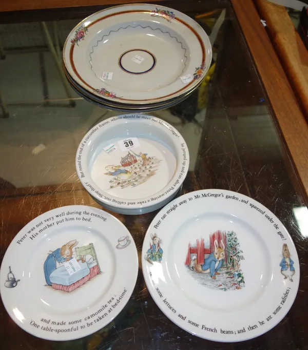 A group of ceramics including three Wedgwood Peter Rabbit bowls and three Oriental platesCAB.