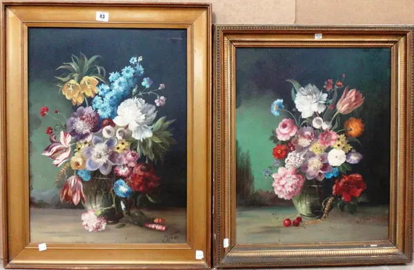 Jan (20th century), Floral still lives, two, oil on board, both signed, each approx 56cm x 41cm.(2) A9