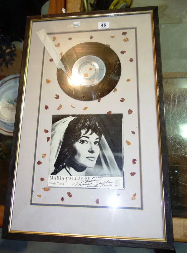 A signed record sleeve- Maria Callas, framed and glazed, 60cm x 38cm. All buyers must satisfy themselves for authenticity.   CAB