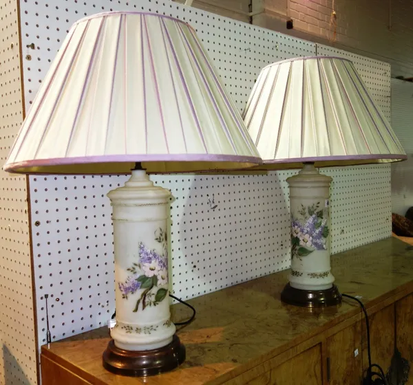 A pair of opalescent glass table lamps with floral decoration, (2).CAB