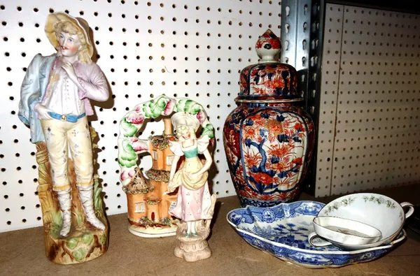 A quantity of ceramics to include; a late 19th century Chinese Imari vase and cover, two bisque figures, Staffordshire flatback cottage and sundry.  S