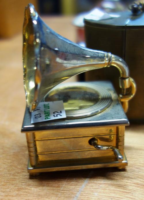 A Europa brass cased oval travelling alarm clock, assorted small pill boxes and modern decorative items, (qty).   CAB