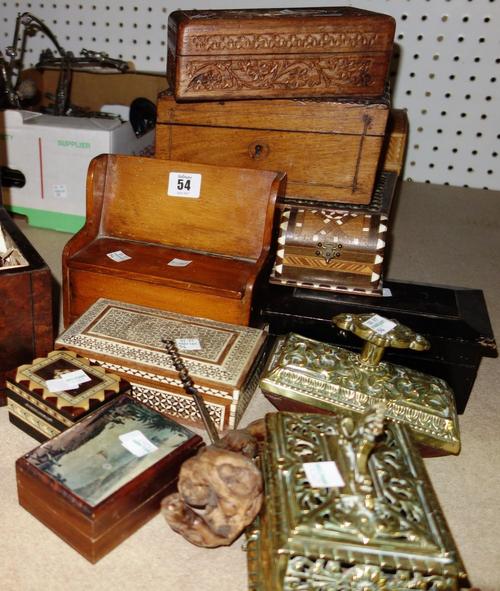 A George III mahogany tea caddy (a/f), a quantity of assorted small boxes, a brass blotter and a table box, (qty). SH6