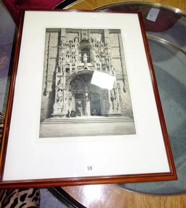 A pair of prints after J A Stewart and an etched print of a Portuguese cathedral door by A P Thompson. (3) A10