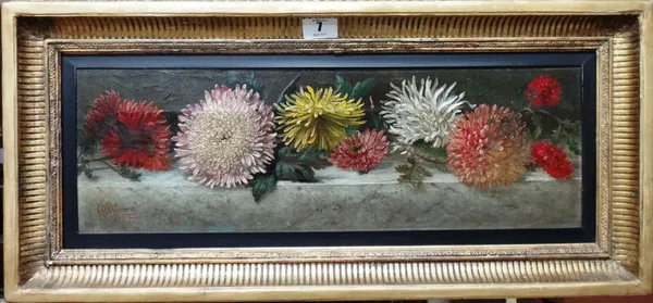 W. J. Warren (late 19th century), Still life of chrysanthemums on a ledge, oil on canvas, signed and dated 1888, 15cm x 46cm. A7
