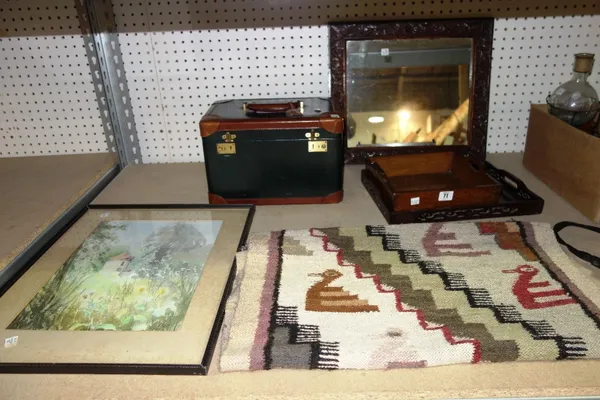 A quantity of collectables, including a carved hardwood mirror, two wooden trays, a small rug and sundry, (qty).  SH7