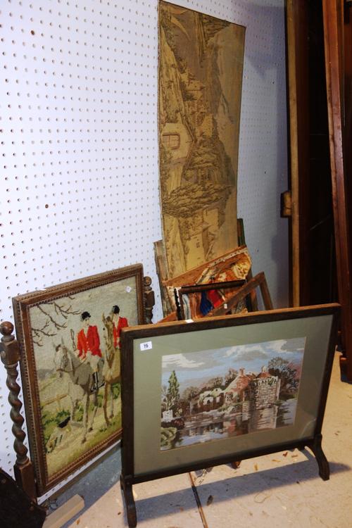 A quantity of 19th century and later tapestries and embroideries, including two fire screens, (a.f), (qty).   J9