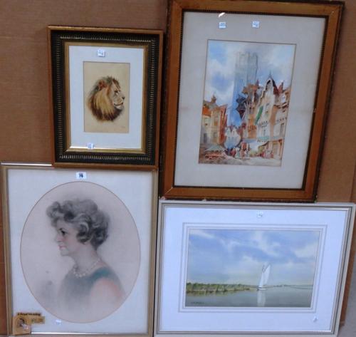 Madame Pawlikowska (20th century), Profile portrait of a lady, pastel, oval, together with three further watercolours, including one of a lion, a town