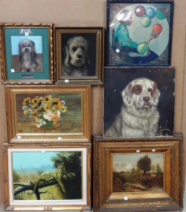 A group of assorted, oils, watercolours, pictures and prints, including an oil river scene, three studies of dogs, two by Monica F. Gray, a modern oil