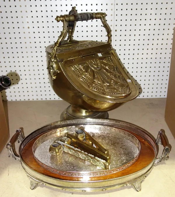 An oak oval tray, a plated oval tray, three brass scribe boxes, a gilt metal coal scuttle and a walnut jewellery box, (7).  SH12