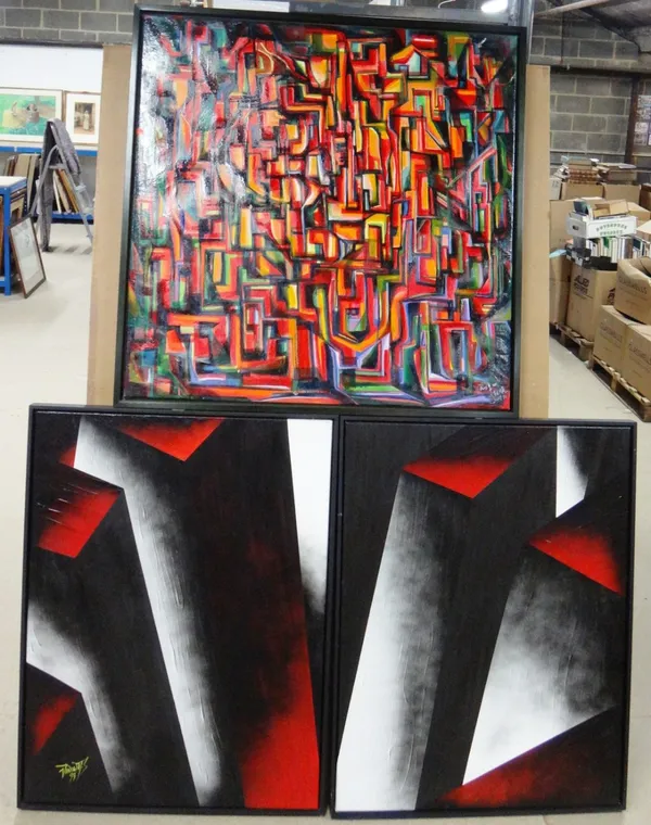S. Vincent (20th century), Abstracts, a pair, oil on canvas, one signed and dated '93, each 100cm x 76cm.; together with a further abstract by another
