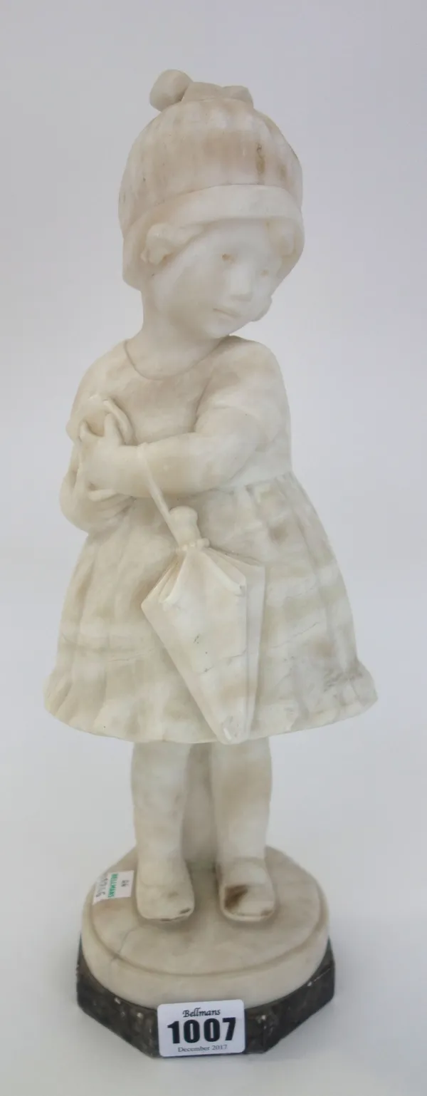 A carved alabaster figure of a young girl, early 20th century, modelled holding an umbrella, on an octagonal grey marble plinth, 33cm high.