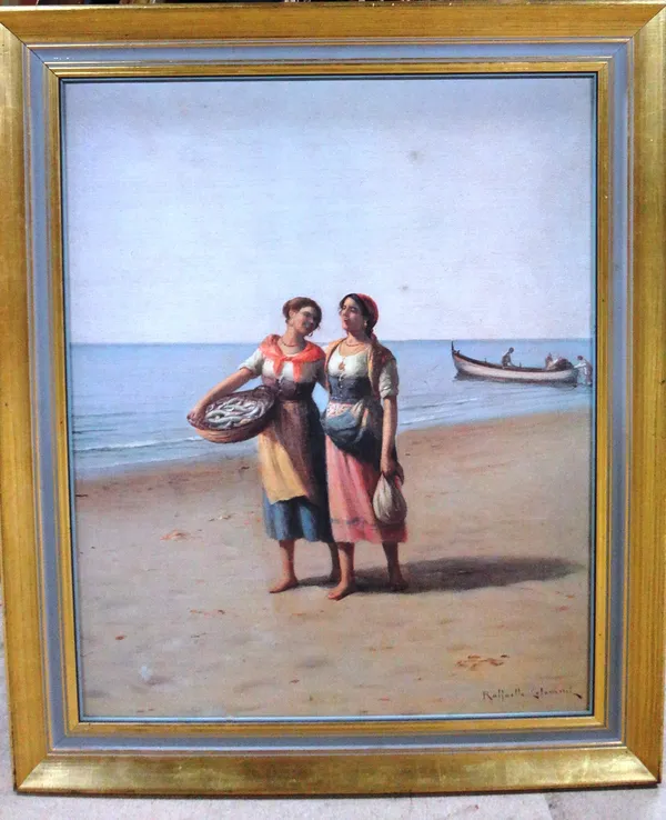 After Raffaello Celommi, Two fisher girls on the shore, oleograph, 66cm x 53cm.  G1