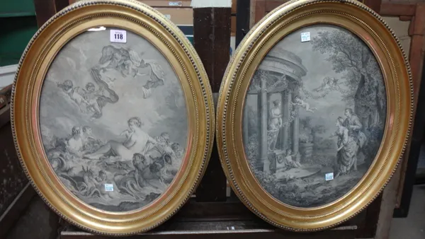 French School (late 18th century), Un Tendre Engagement va plus loin qu'on ne Pense; Cherubs and classical figures, a pair of engravings, oval, each 4