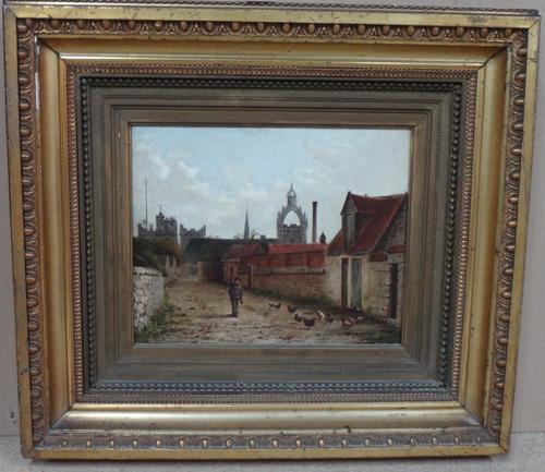 English School (late 19th/early 20th century), A figure in a town lane, oil on canvas, indistinctly signed, 26cm x 32cm.; together with a 20th century