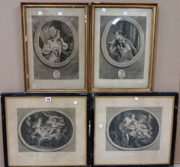 After Le Moine, Psiche Curieuse, Psiche Punie, a pair of engravings, each 29cm x 33.5cm, Together with two further engravings, of a Lady and Gentleman