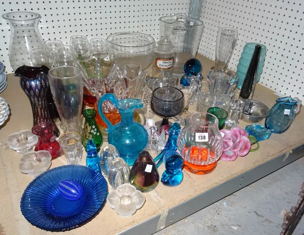Glassware including; mainly 20th century coloured and decorative glass, vases, bowls, drinking glasses and sundry, (qty).  S1