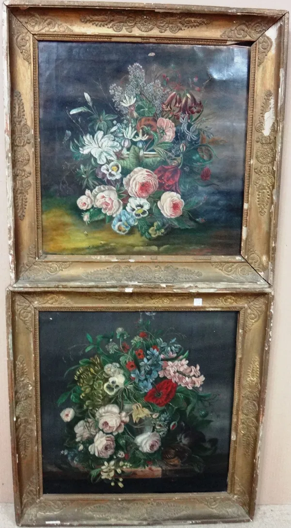 Dutch school (late 19th century), Floral still lives, a pair, oil on canvas, each approximately 46cm x 46cm (2).  F1
