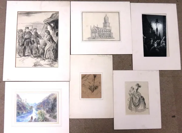 A group of five assorted watercolours, drawings and prints, all unframed, various sizes. (5)  CAB