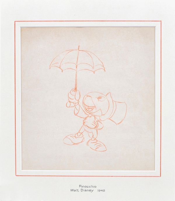 WALT DISNEY'S PINOCCHIO - orange pencil production sketch of Jiminy Cricket (created by Ward Kimball); framed & glazed (22 x 20cms., within mount); ca