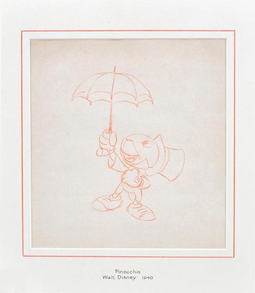 WALT DISNEY'S PINOCCHIO - orange pencil production sketch of Jiminy Cricket (created by Ward Kimball); framed & glazed (22 x 20cms., within mount); ca