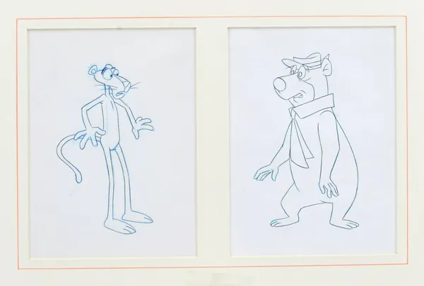 THE PINK PANTHER & YOGI BEAR - pencil production sketches together in a double mount; framed & glazed (17 x 28cms. overall, within mounts), depicted f