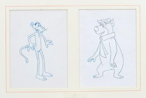 THE PINK PANTHER & YOGI BEAR - pencil production sketches together in a double mount; framed & glazed (17 x 28cms. overall, within mounts), depicted f