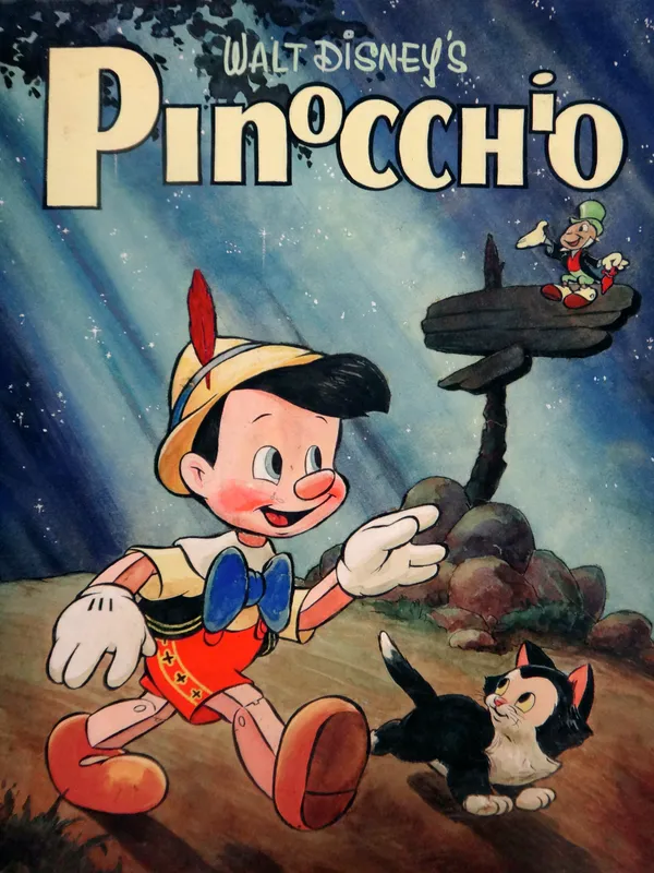 WALT DISNEY'S PINOCCHIO - hand-coloured original gouache artwork of Pinocchio & Figaro passing the perched figure of Jiminy Cricket; (28 x 22cms.) mou