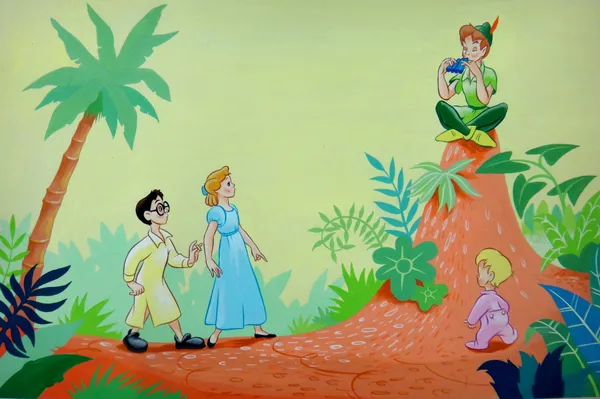 PETER PAN - hand-coloured original endpapers artwork for the famous book of the 'Boy Who Never Grew Up' (1953); depicting Wendy, John & Michael Darlin