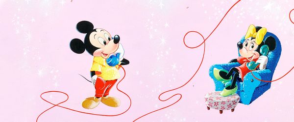 MICKEY MOUSE ANNUAL (1956) - hand-coloured original endpapers artwork depicting the Mouse & Minnie Mouse on telephones, starred pink background; (35 x