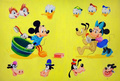 MICKEY MOUSE ANNUAL (? 1950s) - hand-coloured original endpapers artwork; depicting Mickey & Minnie ready to bath Pluto, with Chip 'n' Dale, Huey, Dew