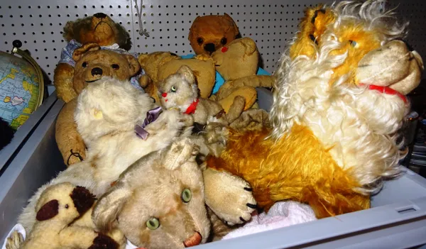 Toys, comprising; A group of early 20th century and later Teddy bears and stuffed toys, including a gollywog and Steiff type animals, (qty).  S4