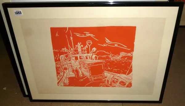 Barry Flanagan RA (British 1941-2009) McBrayne's Ferry, 1983, linocut, signed inscribed and numbered 29/35, 30 by 35.5cms; and two others by the same