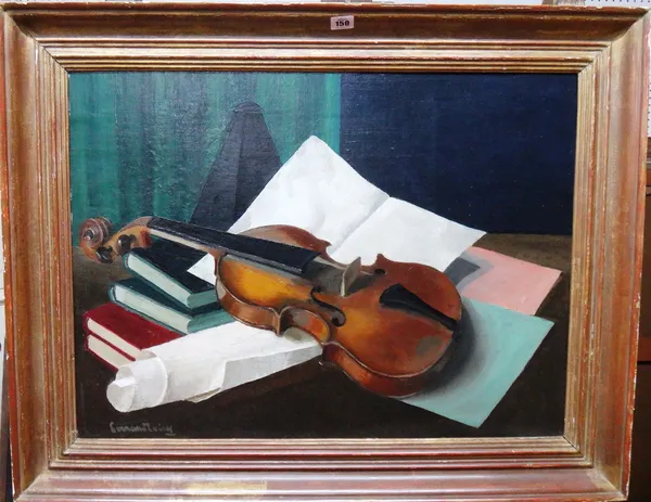Continental School (20th century), Still life of books and violin, oil on board, indistinctly signed, 53cm x 72cm.  F1