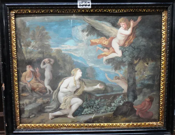Italian school (18th century) A Classical scene with nymphs and cherubs, tempera, 28cm x 35cm.