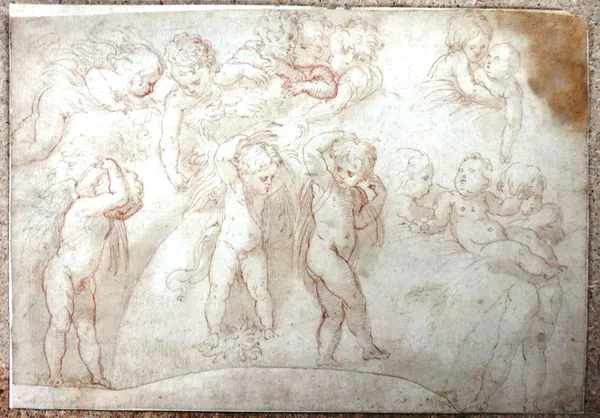 Italian School (18th century), Study of putti, pen, ink and sepia wash, unframed, 16cm x 22.5cm.
