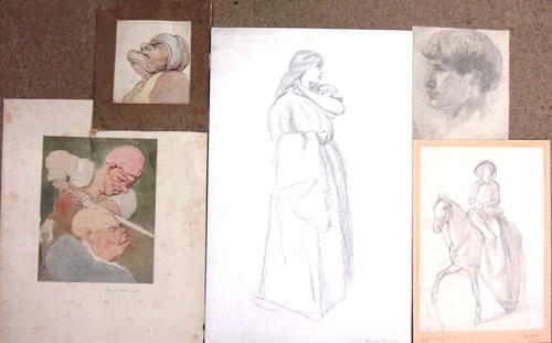 A collection of drawings, including works from the circle of Thomas Rowlandson, Edward Burne Jones, and Valentine Prinsep, all unframed.(5);