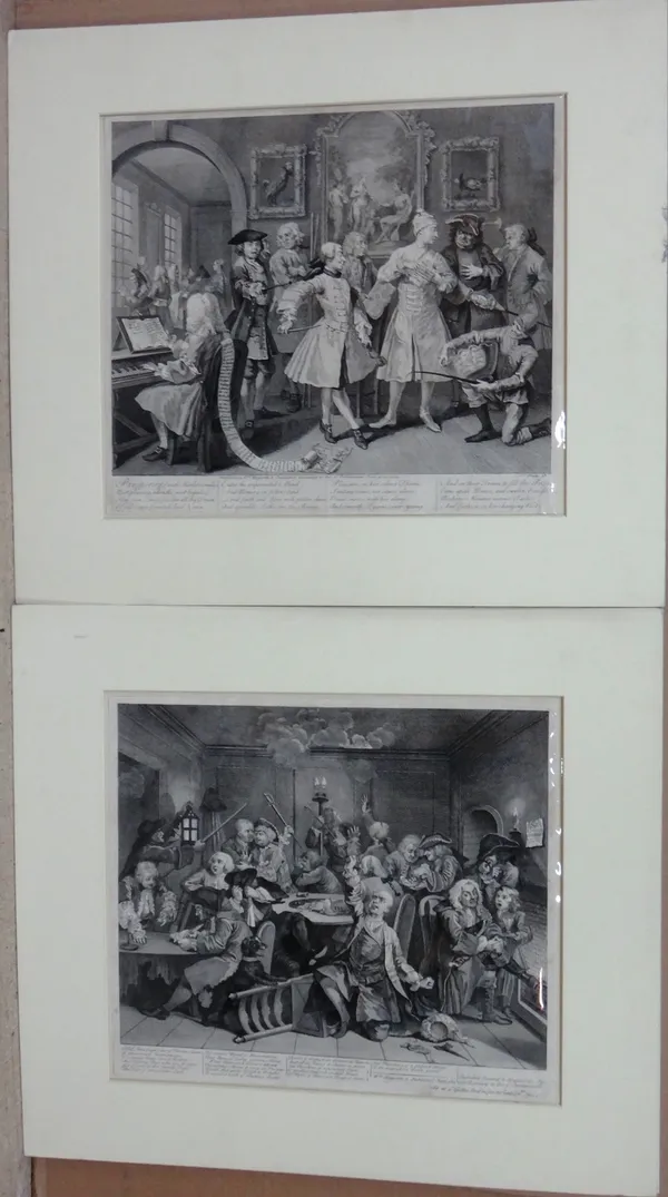 After William Hogarth, The Rake's Progress, eight engravings, all unframed, each 35cm x 40cm; together with a further engravings after Hogarth; The Di